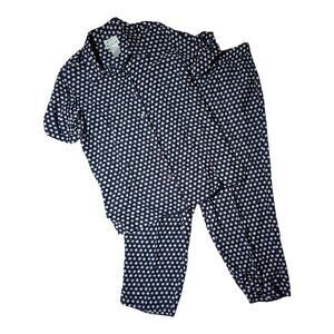Vtg 1990s Quacker Factory Navy Blue Star Print Rayon 2 Pc Outfit Pants Set Sz M